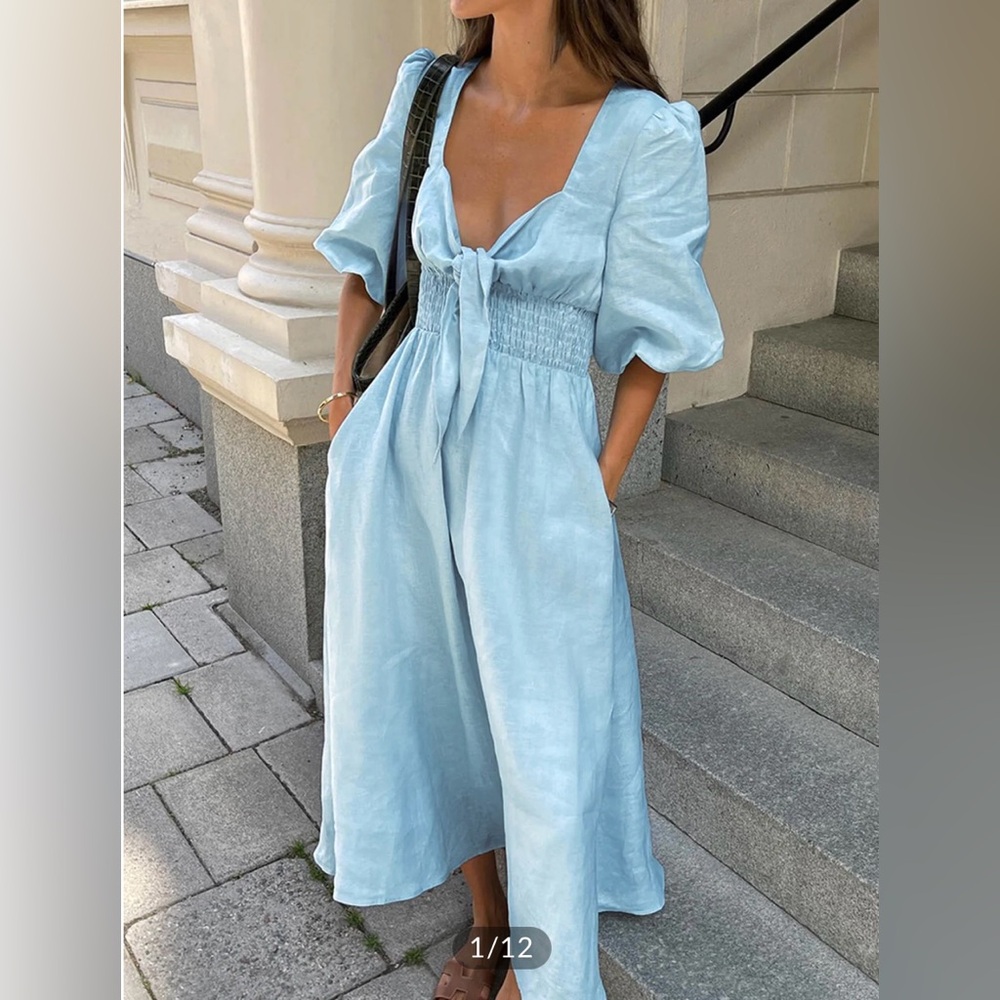 Commense- Linen Cotton Front Tie Midi Dress